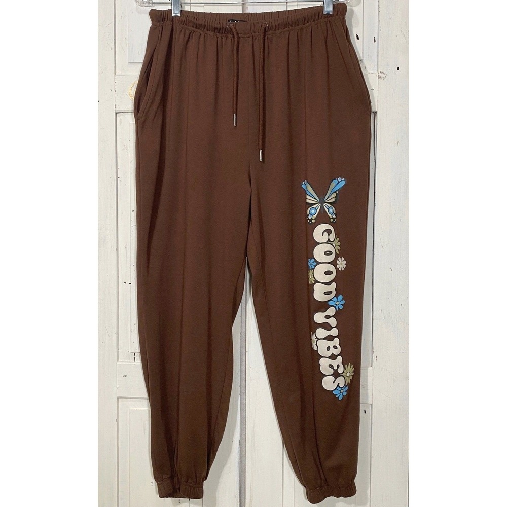 Charlotte Russe Good Vibes Butterfly Joggers Sweatpants Size L Brown Pockets